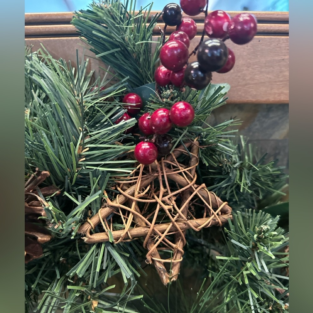 2/$10 or 3/$12 ❤️ Festive Green Wreath Pinecones, Wood Stars and Red Accents - Picture 3 of 5